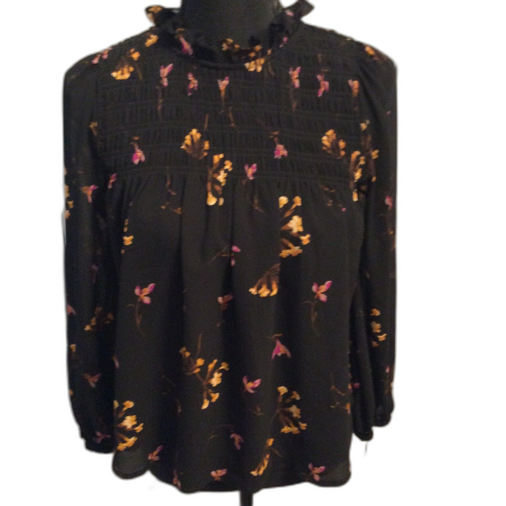 Madewell Floral High Neck Smocked XS Shirt Blouse Long Sleeve